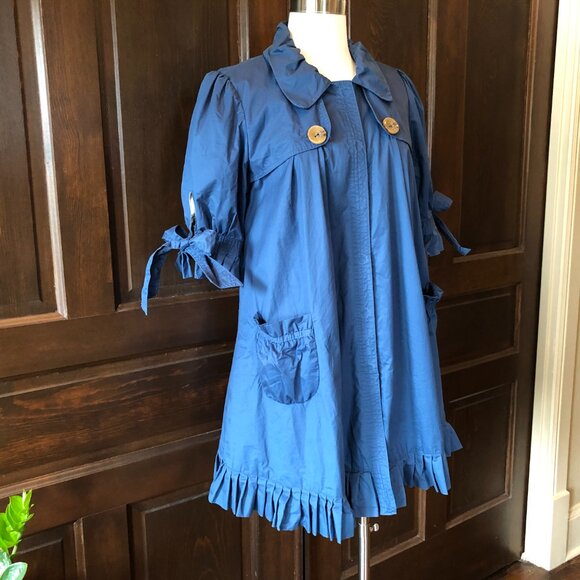 Grace and Desire Swing Coat Jacket Blue Pleated Ruffle Sz L Short Sleeve w/ Bow - Picture 2 of 13